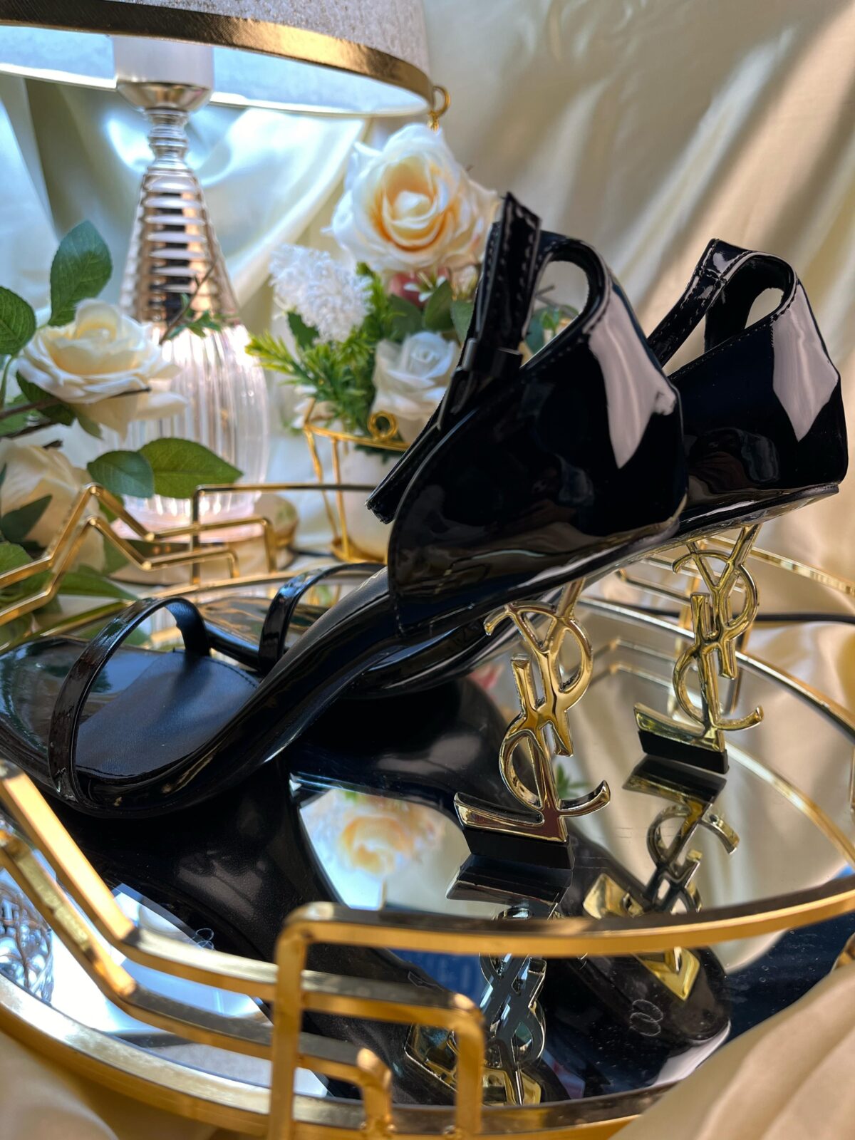 Luxury Black Patent Leather Heel – Gold Monogram Design | Unimarce Luxury Black Patent Leather Heel – Gold Monogram Design | Unimarce - Image 1
