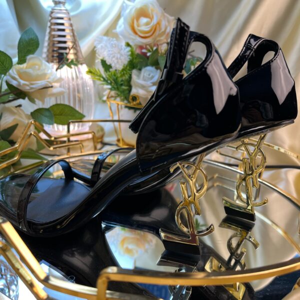 Luxury Black Patent Leather Heel – Gold Monogram Design | Unimarce